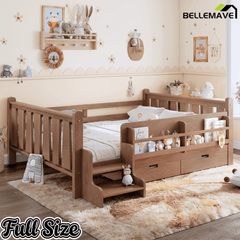 Bellemave® Kids Bed Frame with Storage Drawers & Stairs, Solid Wood Montessori Floor Bed with Bookshelves & Safety Guardrails for Girls Boys - Bellemave