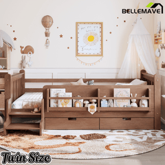 Bellemave® Kids Bed Frame with Storage Drawers & Stairs, Solid Wood Montessori Floor Bed with Bookshelves & Safety Guardrails for Girls Boys - Bellemave