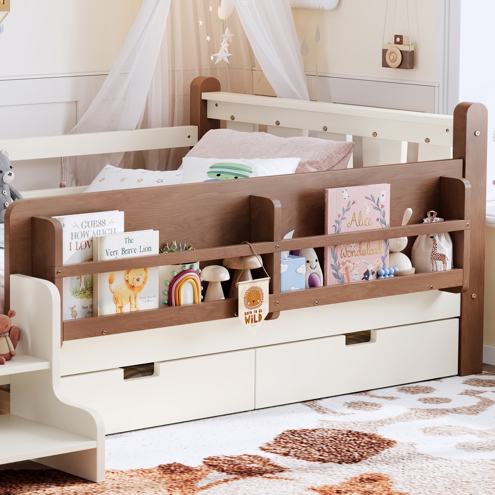 Bellemave® Kids Bed Frame with Storage Drawers & Stairs, Solid Wood Montessori Floor Bed with Bookshelves & Safety Guardrails for Girls Boys - Bellemave