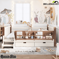 Bellemave® Kids Bed Frame with Storage Drawers & Stairs, Solid Wood Montessori Floor Bed with Bookshelves & Safety Guardrails for Girls Boys - Bellemave