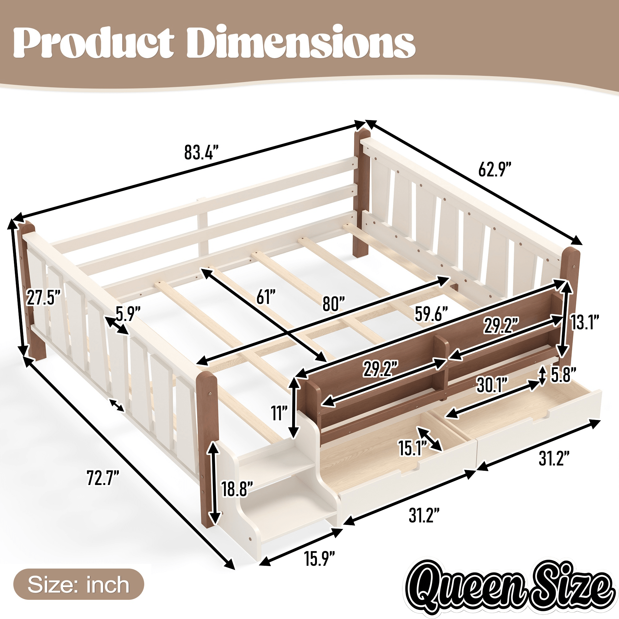 Bellemave® Kids Bed Frame with Storage Drawers & Stairs, Solid Wood Montessori Floor Bed with Bookshelves & Safety Guardrails for Girls Boys - Bellemave
