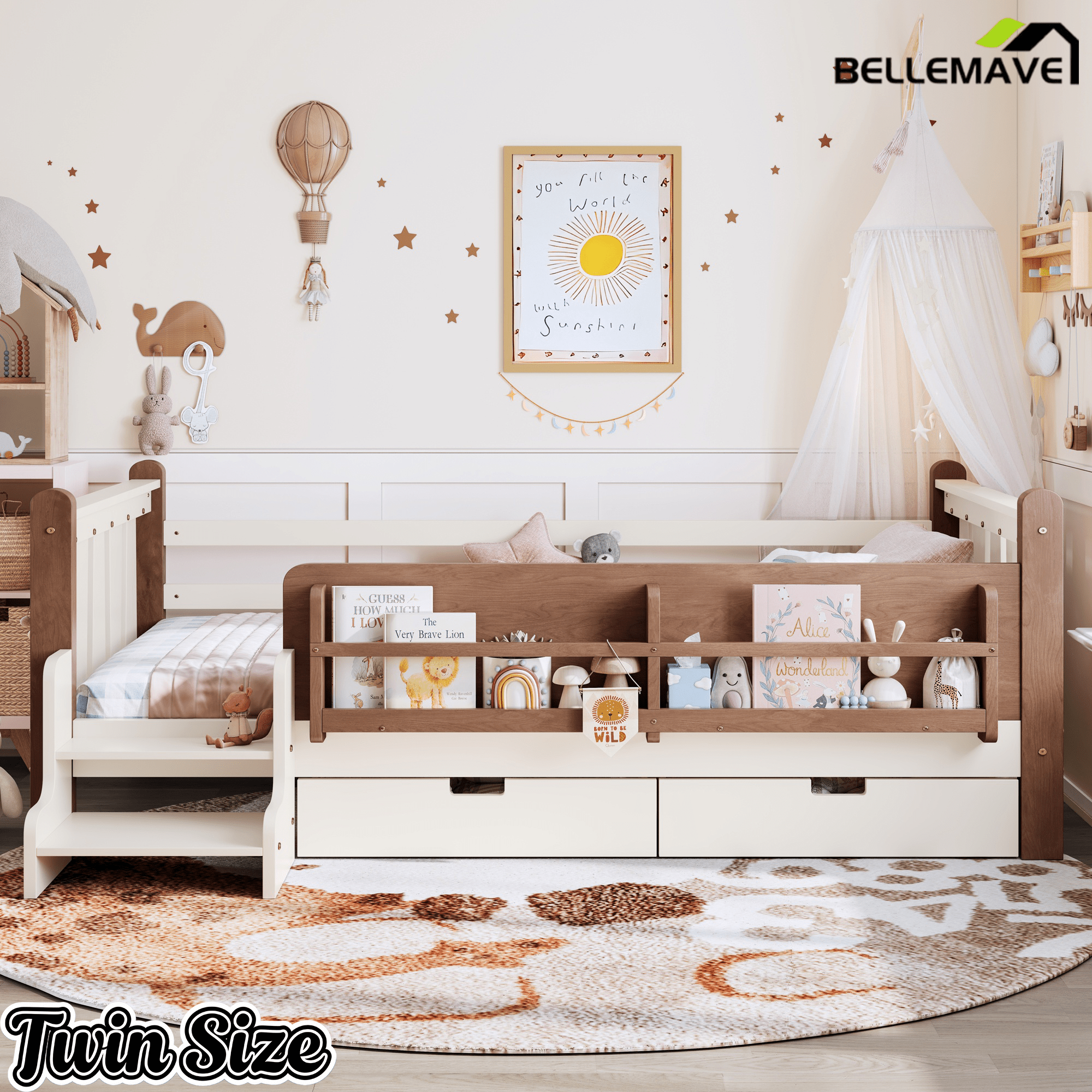 Bellemave® Kids Bed Frame with Storage Drawers & Stairs, Solid Wood Montessori Floor Bed with Bookshelves & Safety Guardrails for Girls Boys - Bellemave