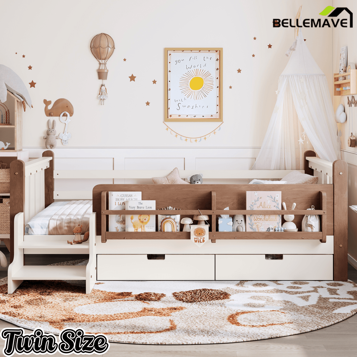 Bellemave® Kids Bed Frame with Storage Drawers & Stairs, Solid Wood Montessori Floor Bed with Bookshelves & Safety Guardrails for Girls Boys - Bellemave