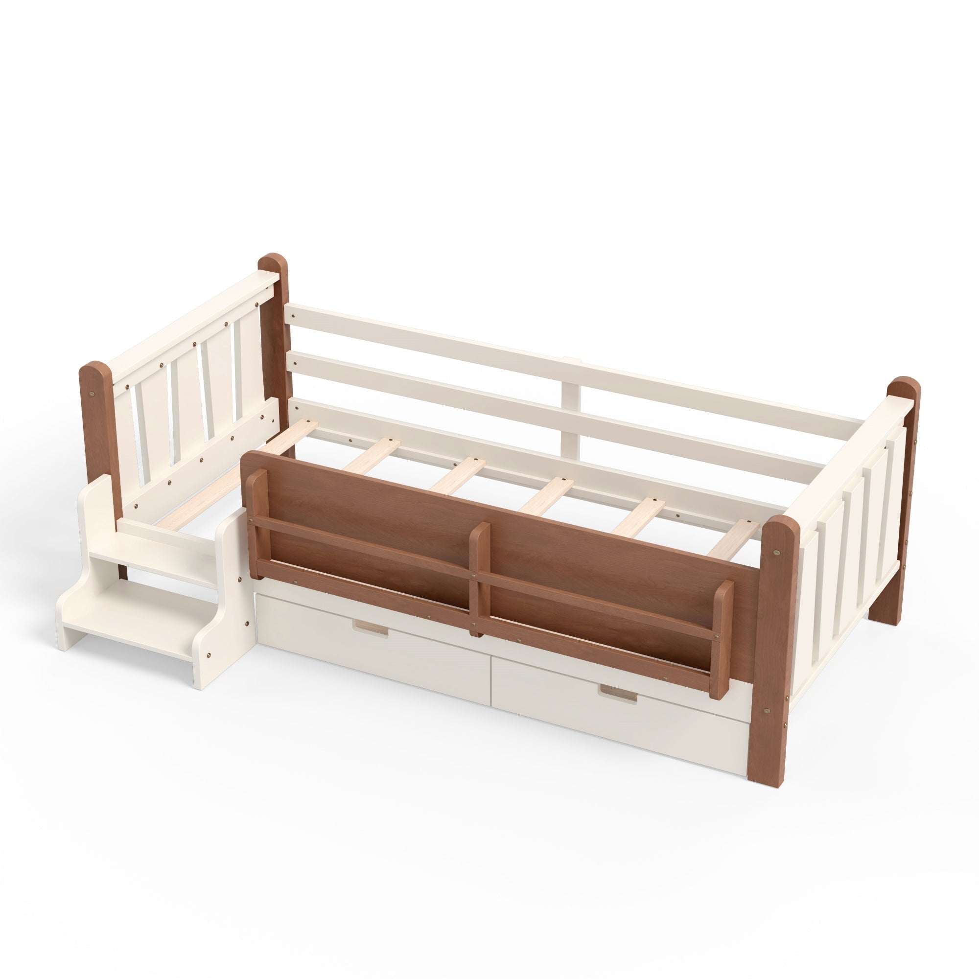 Bellemave® Kids Bed Frame with Storage Drawers & Stairs, Solid Wood Montessori Floor Bed with Bookshelves & Safety Guardrails for Girls Boys - Bellemave