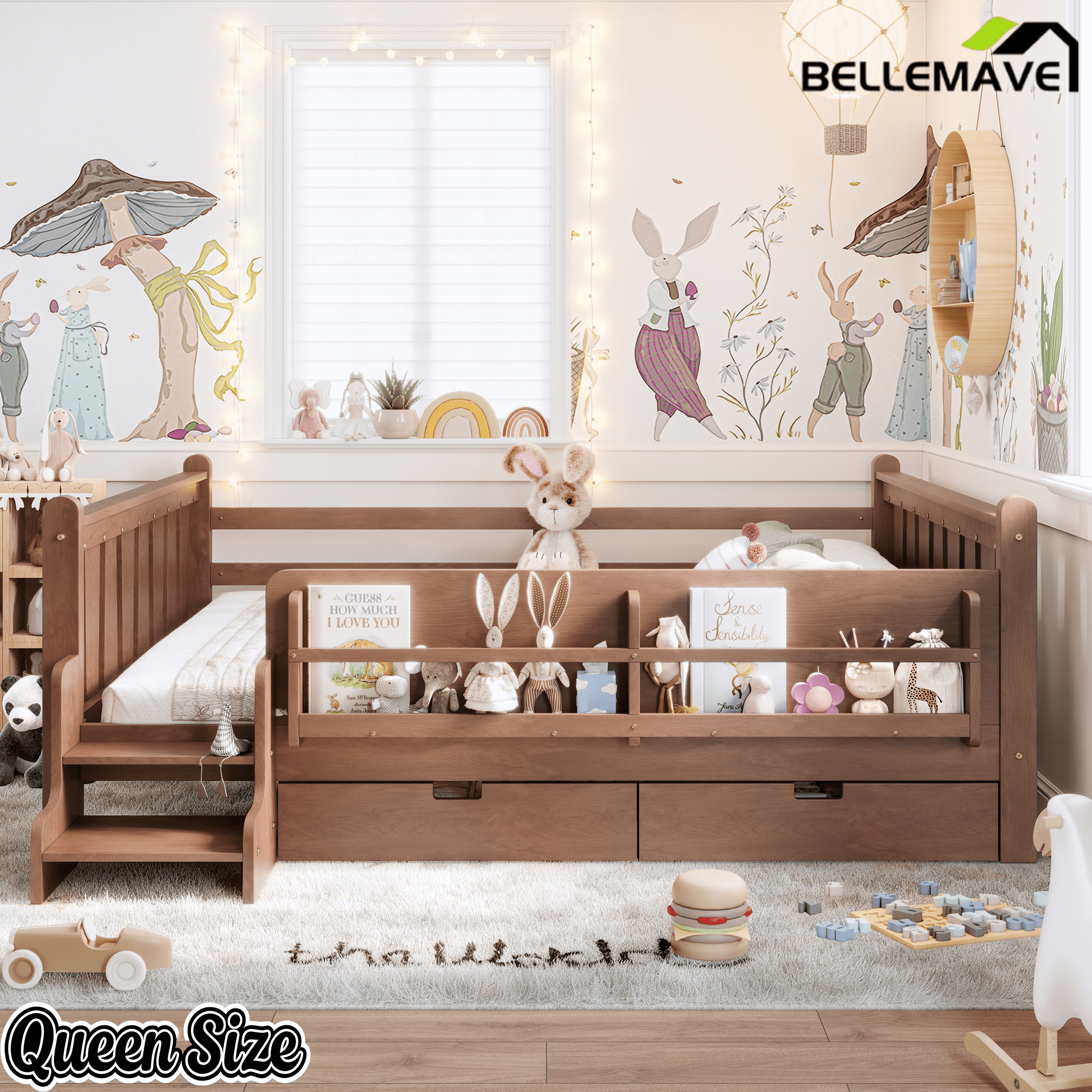 Bellemave® Kids Bed Frame with Storage Drawers & Stairs, Solid Wood Montessori Floor Bed with Bookshelves & Safety Guardrails for Girls Boys - Bellemave