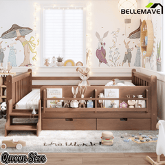Bellemave® Kids Bed Frame with Storage Drawers & Stairs, Solid Wood Montessori Floor Bed with Bookshelves & Safety Guardrails for Girls Boys - Bellemave