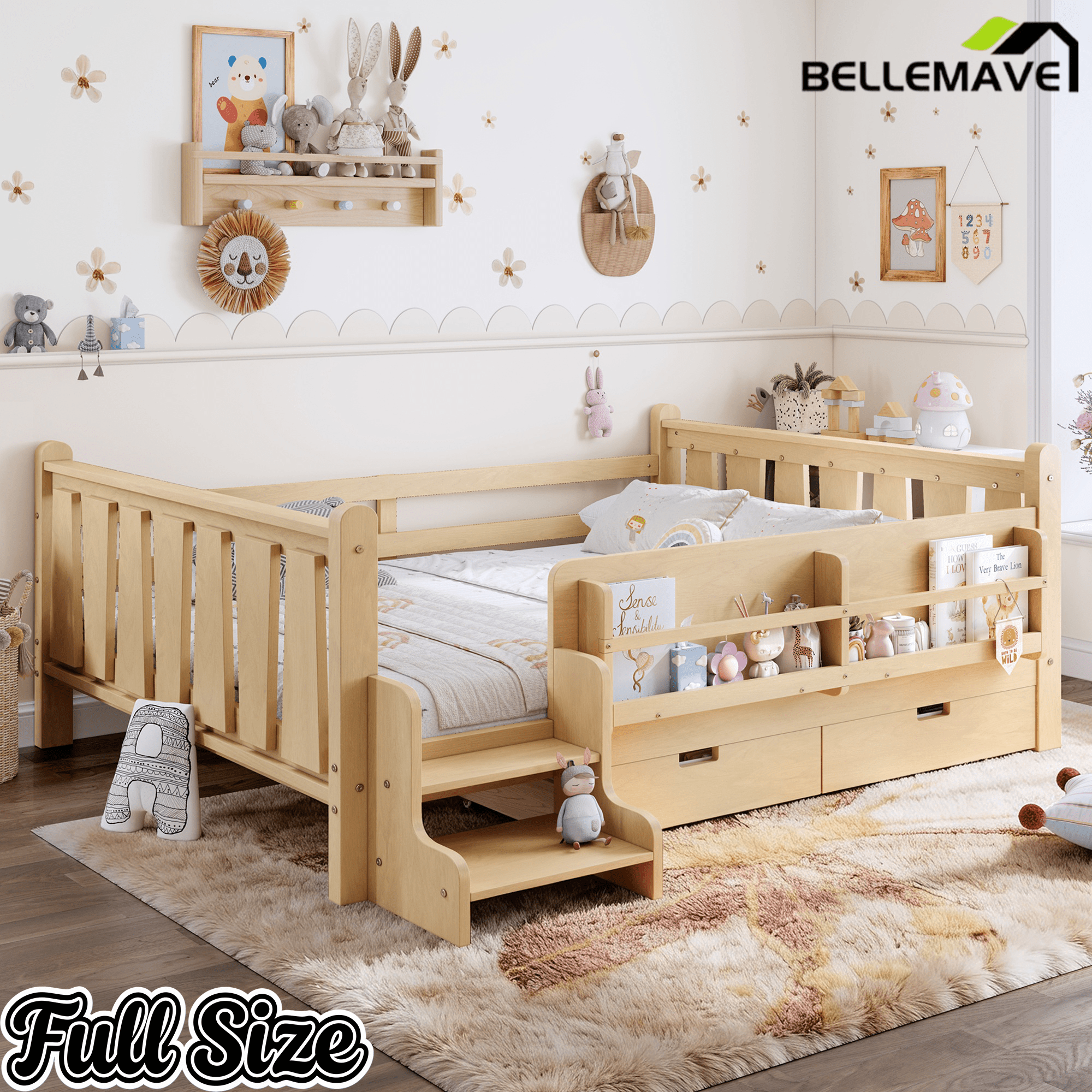 Bellemave® Kids Bed Frame with Storage Drawers & Stairs, Solid Wood Montessori Floor Bed with Bookshelves & Safety Guardrails for Girls Boys - Bellemave