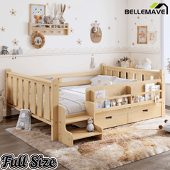Bellemave® Kids Bed Frame with Storage Drawers & Stairs, Solid Wood Montessori Floor Bed with Bookshelves & Safety Guardrails for Girls Boys - Bellemave
