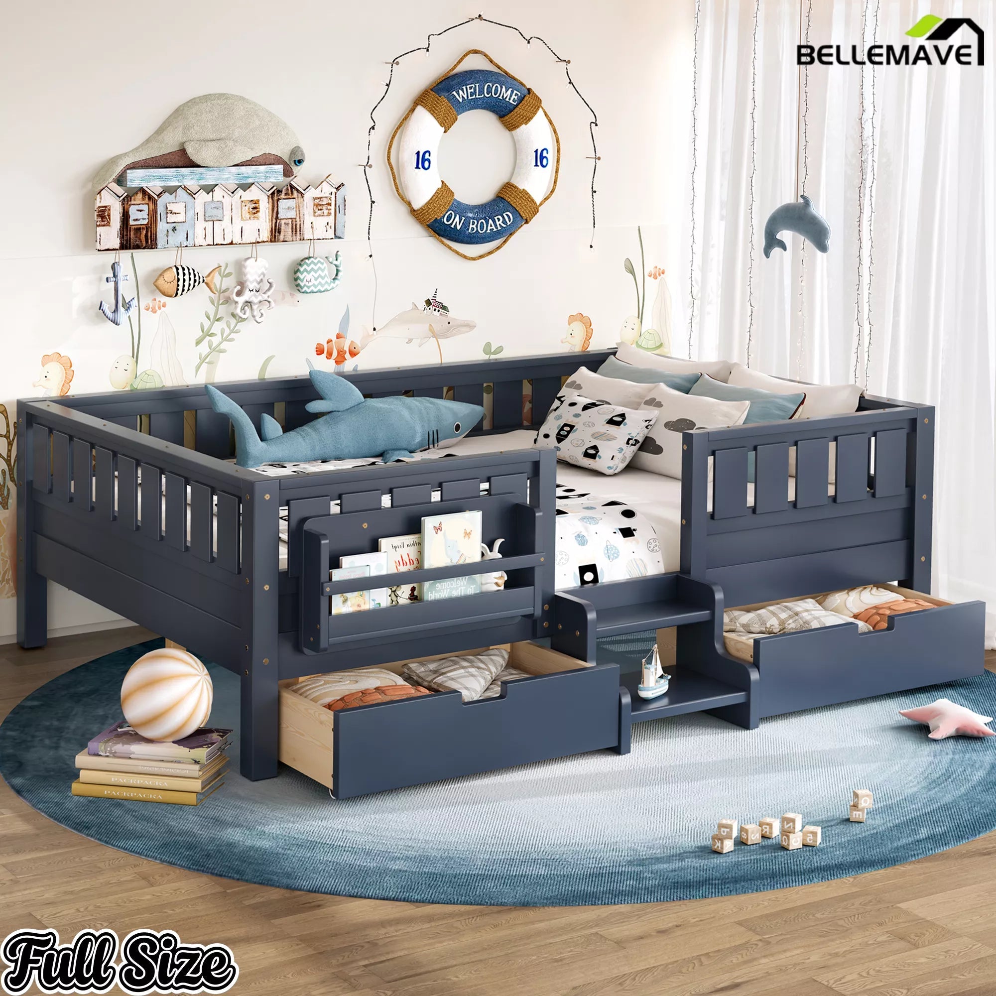 Bellemave® Kids Bed with Built-In Bookshelves, Storage Drawers & Staircase - Bellemave