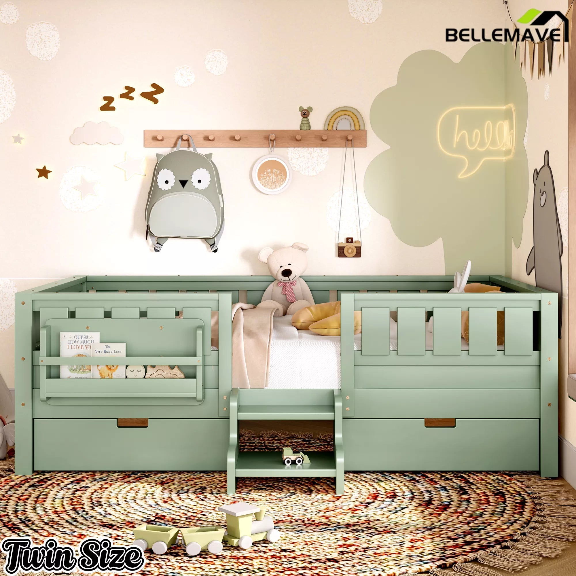 Bellemave® Kids Bed with Built-In Bookshelves, Storage Drawers & Staircase - Bellemave
