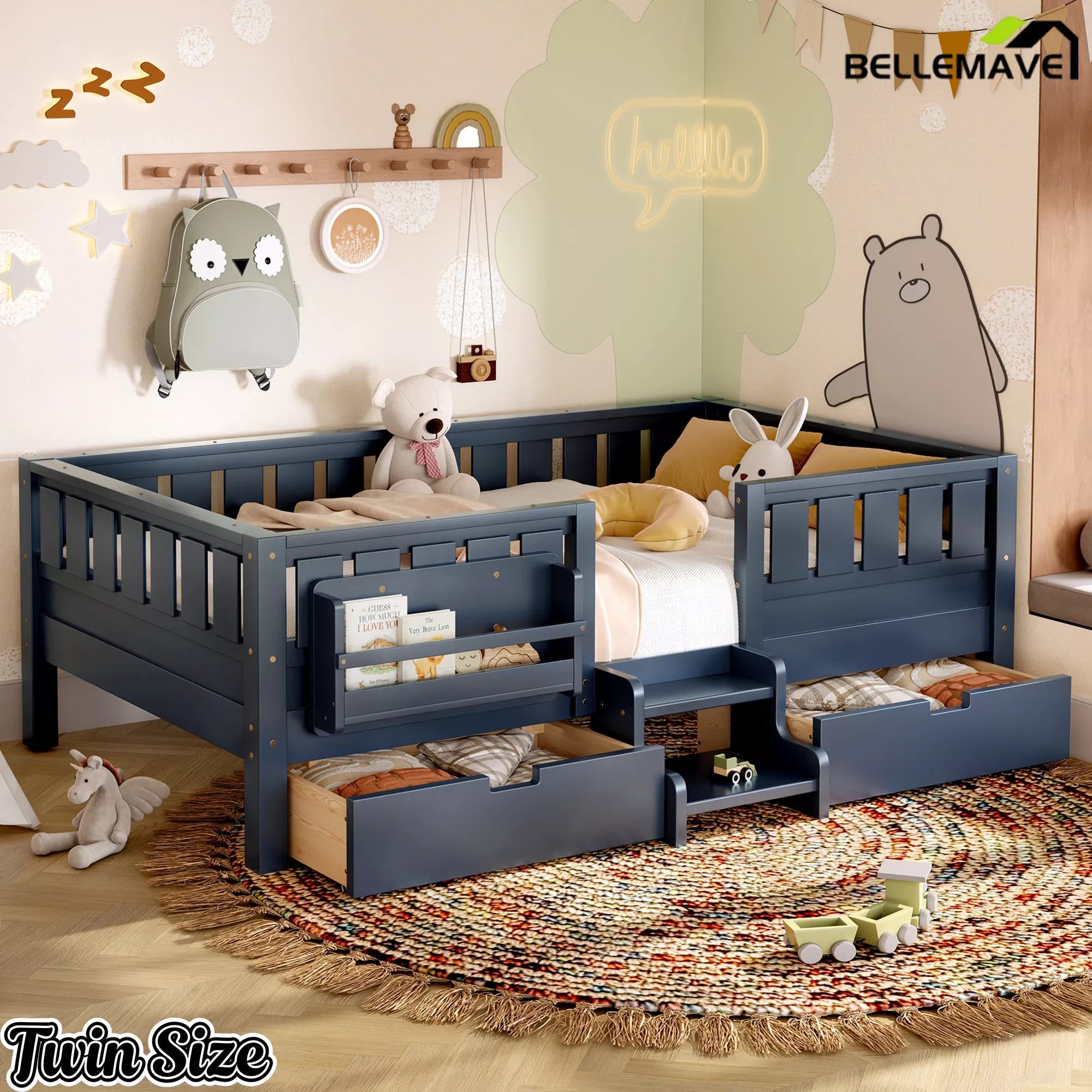 Bellemave® Kids Bed with Built-In Bookshelves, Storage Drawers & Staircase - Bellemave