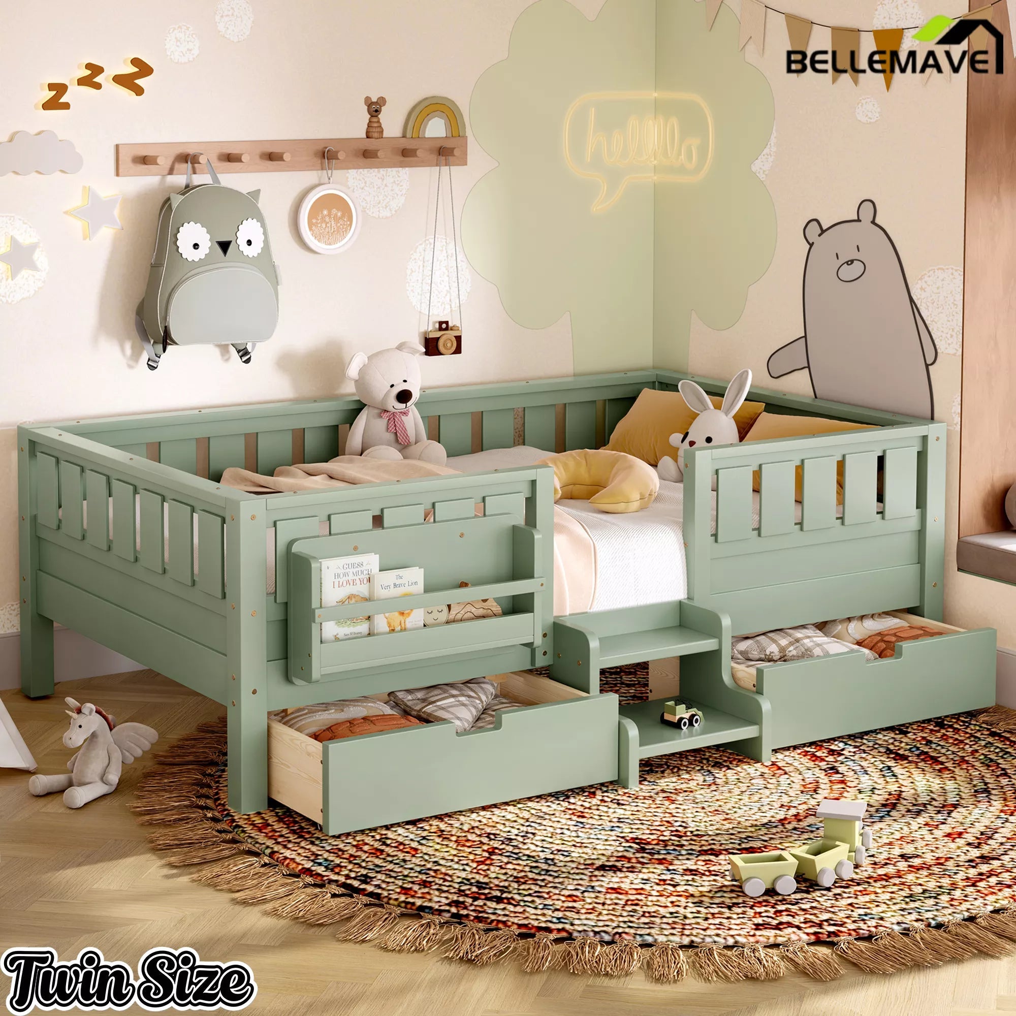 Bellemave® Kids Bed with Built-In Bookshelves, Storage Drawers & Staircase - Bellemave