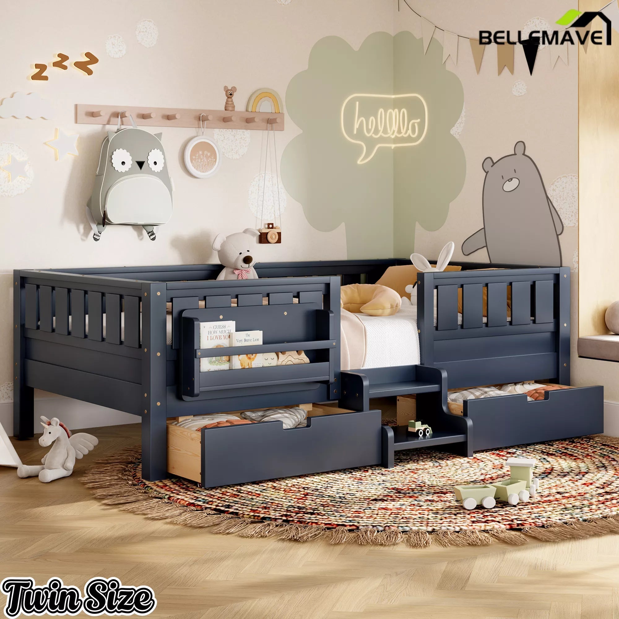 Bellemave® Kids Bed with Built-In Bookshelves, Storage Drawers & Staircase - Bellemave