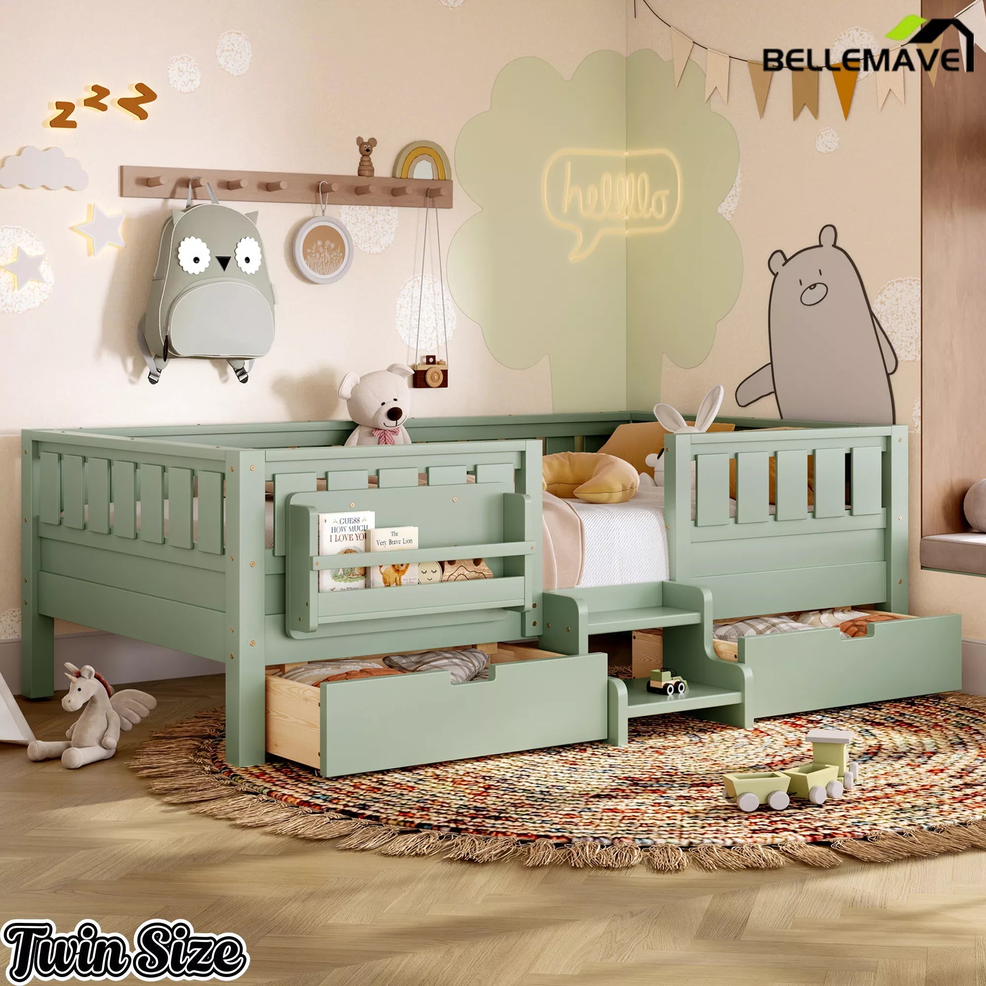 Bellemave® Kids Bed with Built-In Bookshelves, Storage Drawers & Staircase - Bellemave