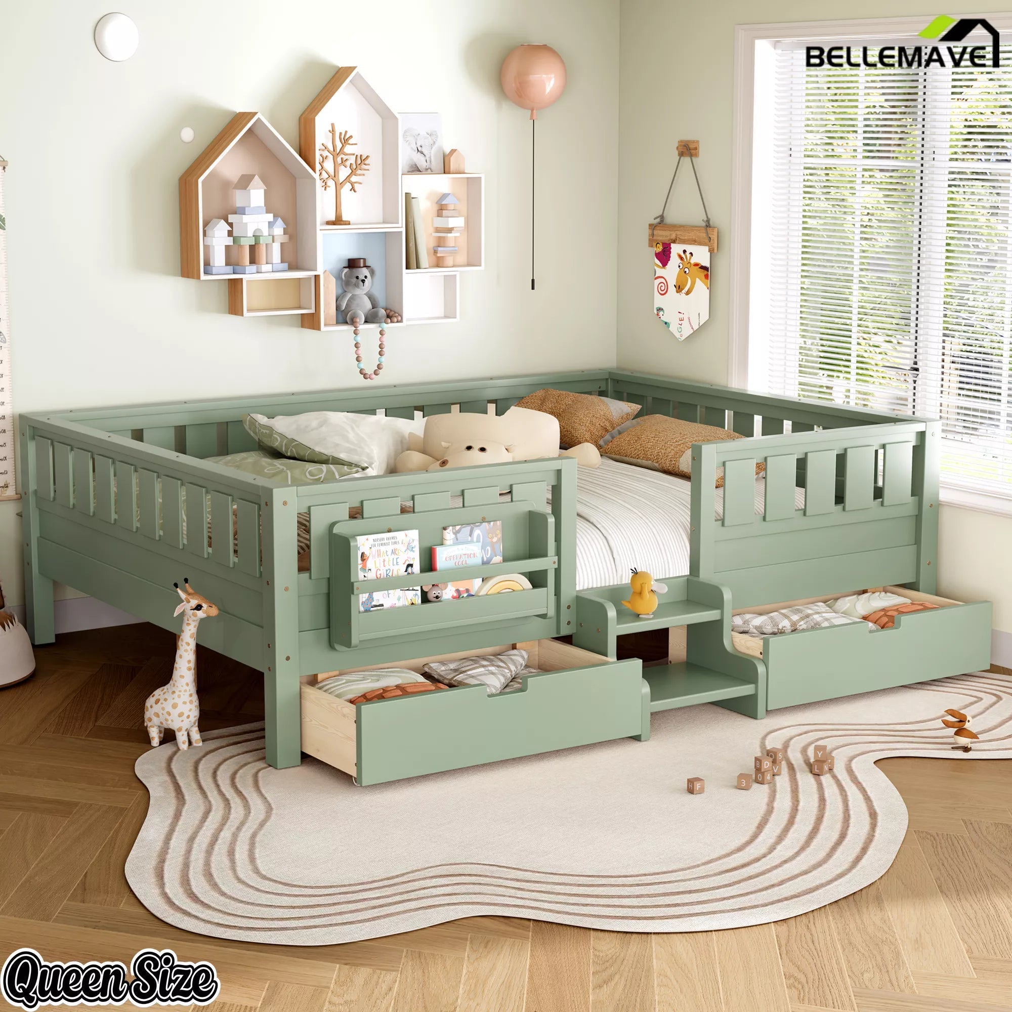 Bellemave® Kids Bed with Built-In Bookshelves, Storage Drawers & Staircase - Bellemave