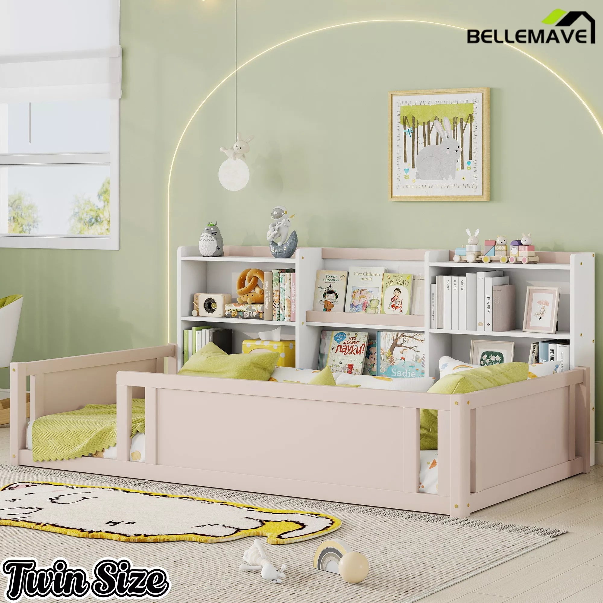 Bellemave® Kids Floor Bed with Guardrails and Storage Shelves, Wooden Montessori Platform Bed Frame for Boys & Girls - Bellemave