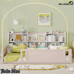 Bellemave® Kids Floor Bed with Guardrails and Storage Shelves, Wooden Montessori Platform Bed Frame for Boys & Girls - Bellemave