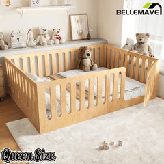 Bellemave® Kids Floor Bed with High Fence & Door, Wooden Montessori Floor Beds with Low - Profile Design - Bellemave