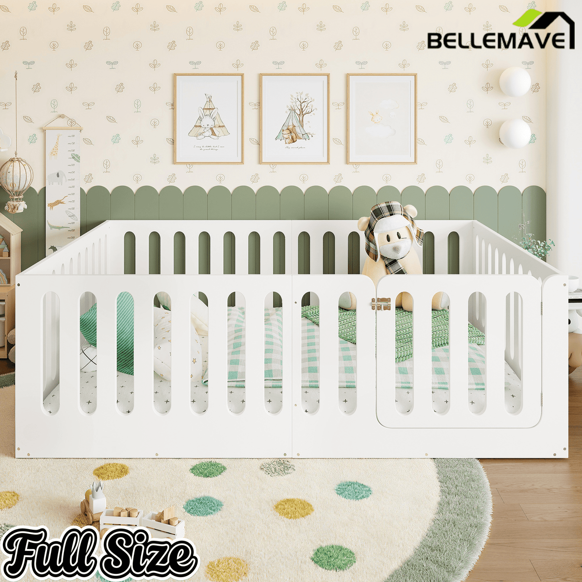Bellemave® Kids Floor Bed with High Fence & Door, Wooden Montessori Floor Beds with Low - Profile Design - Bellemave