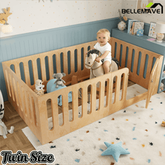 Bellemave® Kids Floor Bed with High Fence & Door, Wooden Montessori Floor Beds with Low - Profile Design - Bellemave