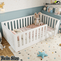 Bellemave® Kids Floor Bed with High Fence & Door, Wooden Montessori Floor Beds with Low - Profile Design - Bellemave