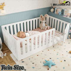 Bellemave® Kids Floor Bed with High Fence & Door, Wooden Montessori Floor Beds with Low - Profile Design - Bellemave