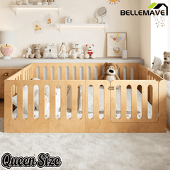 Bellemave® Kids Floor Bed with High Fence & Door, Wooden Montessori Floor Beds with Low - Profile Design - Bellemave