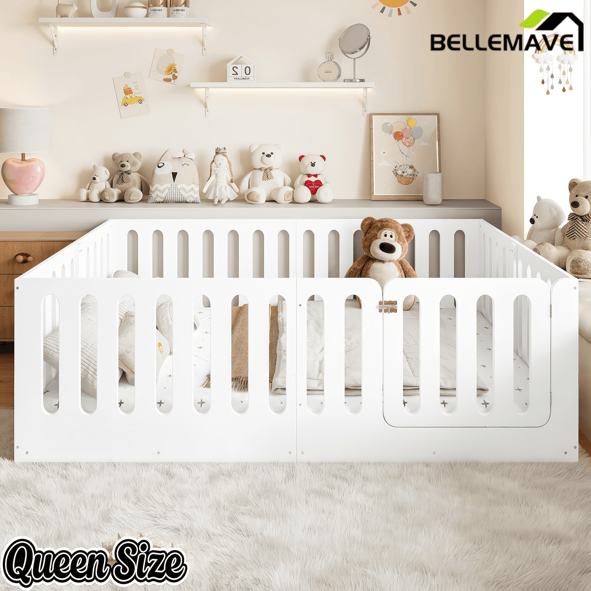 Bellemave® Kids Floor Bed with High Fence & Door, Wooden Montessori Floor Beds with Low - Profile Design - Bellemave