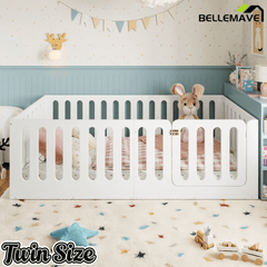 Bellemave® Kids Floor Bed with High Fence & Door, Wooden Montessori Floor Beds with Low - Profile Design - Bellemave