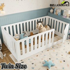 Bellemave® Kids Floor Bed with High Fence & Door, Wooden Montessori Floor Beds with Low - Profile Design - Bellemave
