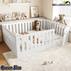 Bellemave® Kids Floor Bed with High Fence & Door, Wooden Montessori Floor Beds with Low - Profile Design - Bellemave