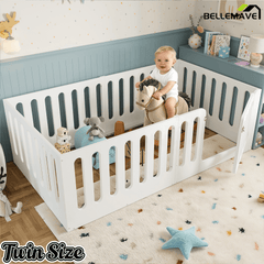 Bellemave® Kids Floor Bed with High Fence & Door, Wooden Montessori Floor Beds with Low - Profile Design - Bellemave