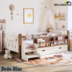 Bellemave® Kids Floor Bed with Storage Bookcases & Drawers, Solid Wood Montessori Floor Bed with Guardrails and Cute Stairs, No Box Spring Needed - Bellemave