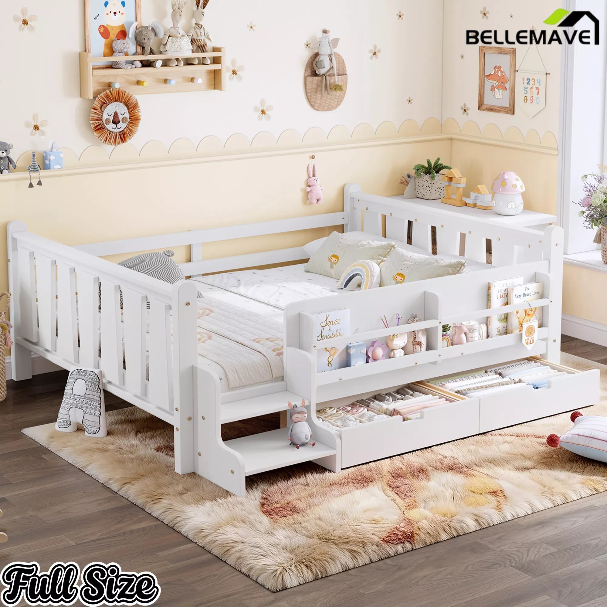 Bellemave® Kids Floor Bed with Storage Bookcases & Drawers, Solid Wood Montessori Floor Bed with Guardrails and Cute Stairs, No Box Spring Needed - Bellemave