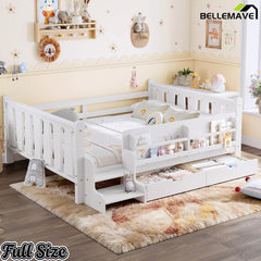 Bellemave® Kids Floor Bed with Storage Bookcases & Drawers, Solid Wood Montessori Floor Bed with Guardrails and Cute Stairs, No Box Spring Needed - Bellemave