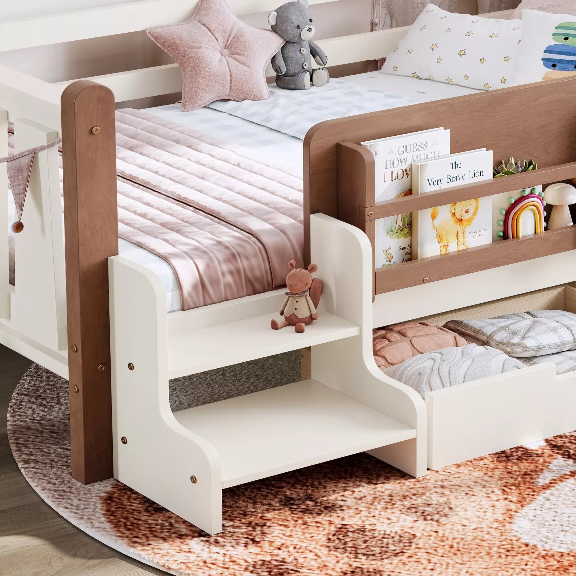 Bellemave® Kids Floor Bed with Storage Bookcases & Drawers, Solid Wood Montessori Floor Bed with Guardrails and Cute Stairs, No Box Spring Needed - Bellemave