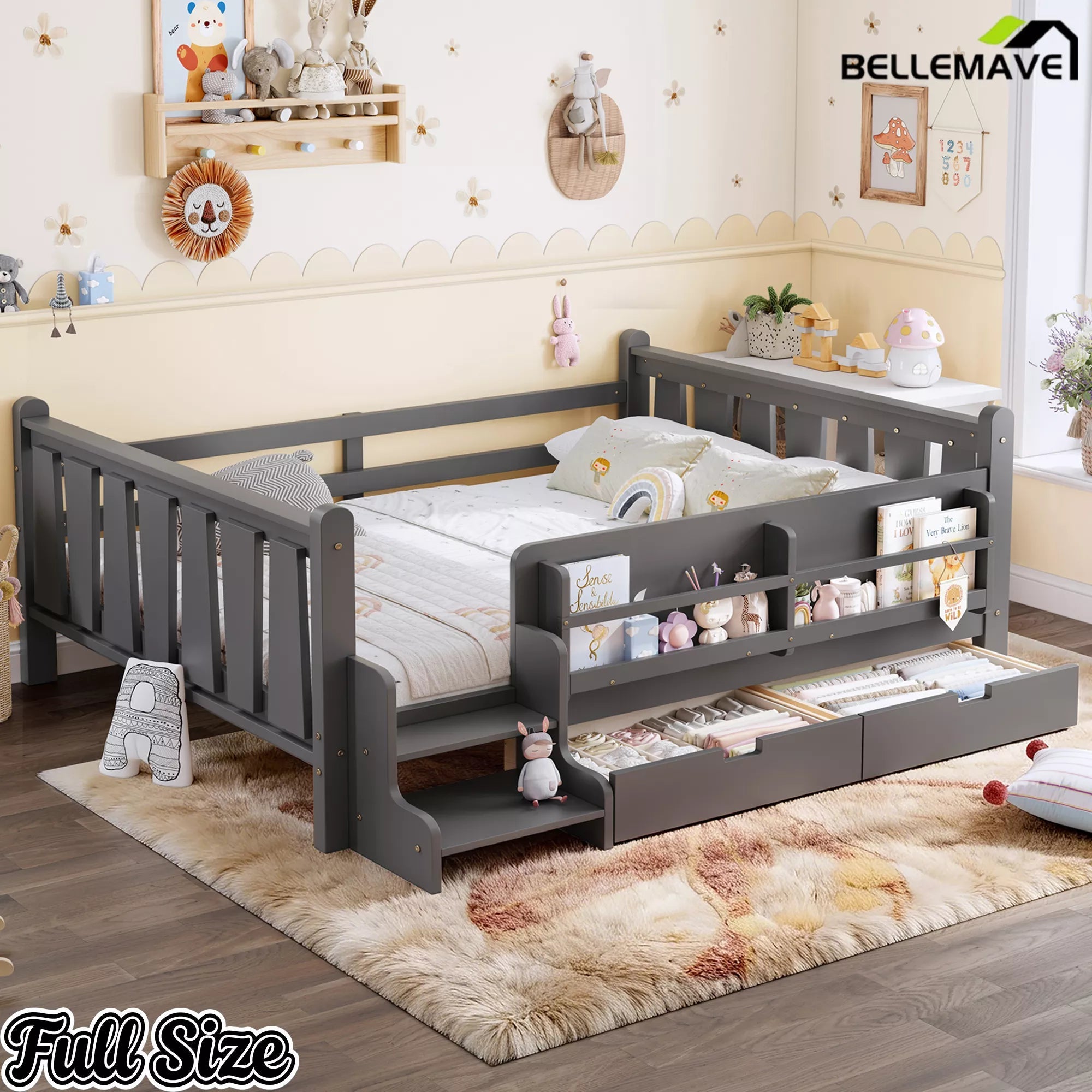 Bellemave® Kids Floor Bed with Storage Bookcases & Drawers, Solid Wood Montessori Floor Bed with Guardrails and Cute Stairs, No Box Spring Needed - Bellemave