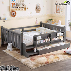 Bellemave® Kids Floor Bed with Storage Bookcases & Drawers, Solid Wood Montessori Floor Bed with Guardrails and Cute Stairs, No Box Spring Needed - Bellemave