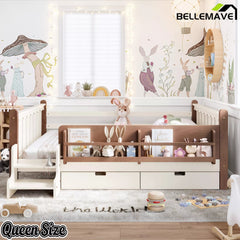 Bellemave® Kids Floor Bed with Storage Bookcases & Drawers, Solid Wood Montessori Floor Bed with Guardrails and Cute Stairs, No Box Spring Needed - Bellemave