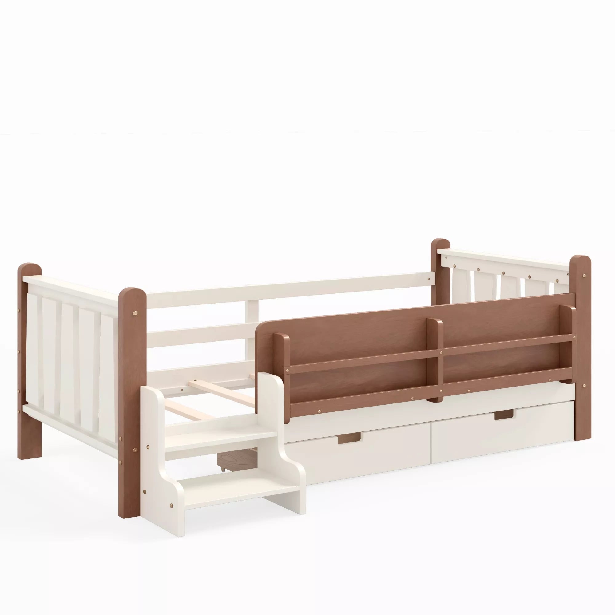 Bellemave® Kids Floor Bed with Storage Bookcases & Drawers, Solid Wood Montessori Floor Bed with Guardrails and Cute Stairs, No Box Spring Needed - Bellemave