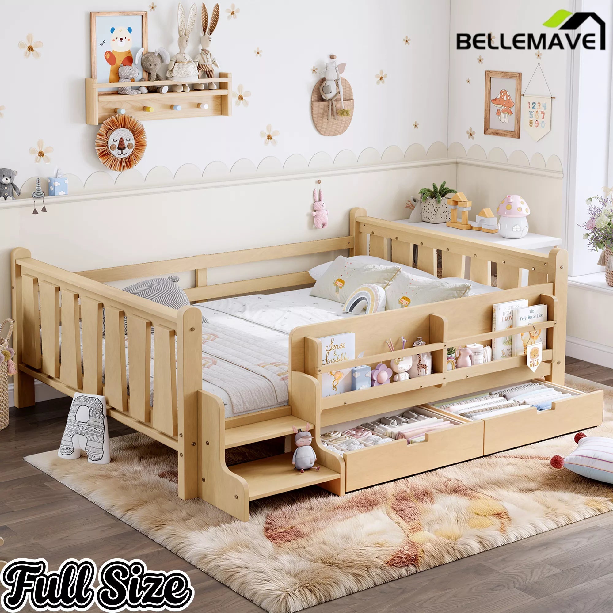 Bellemave® Kids Floor Bed with Storage Bookcases & Drawers, Solid Wood Montessori Floor Bed with Guardrails and Cute Stairs, No Box Spring Needed - Bellemave
