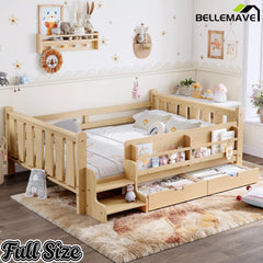 Bellemave® Kids Floor Bed with Storage Bookcases & Drawers, Solid Wood Montessori Floor Bed with Guardrails and Cute Stairs, No Box Spring Needed - Bellemave