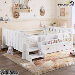 Bellemave® Kids Floor Bed with Storage Bookcases & Drawers, Solid Wood Montessori Floor Bed with Guardrails and Cute Stairs, No Box Spring Needed - Bellemave