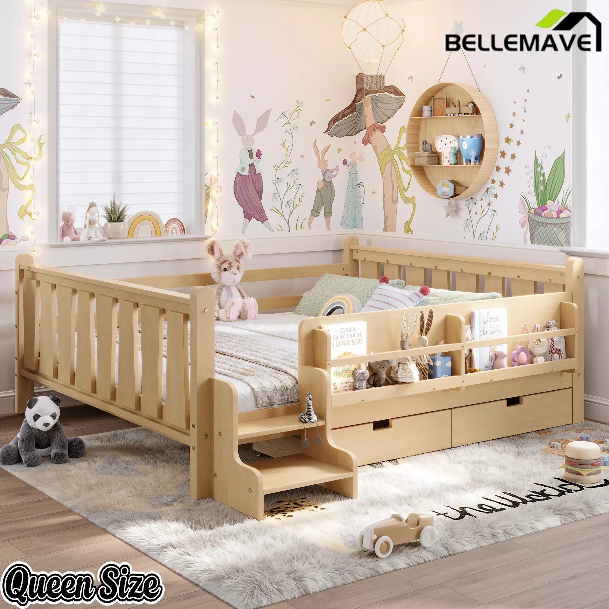 Bellemave® Kids Floor Bed with Storage Bookcases & Drawers, Solid Wood Montessori Floor Bed with Guardrails and Cute Stairs, No Box Spring Needed - Bellemave
