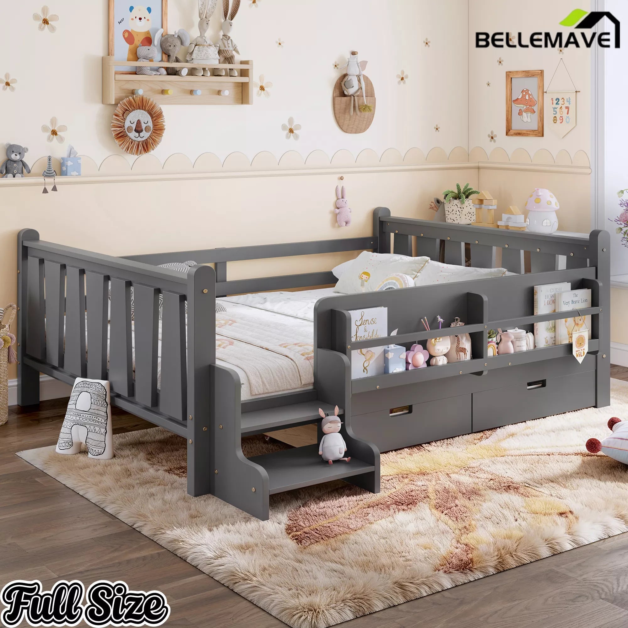 Bellemave® Kids Floor Bed with Storage Bookcases & Drawers, Solid Wood Montessori Floor Bed with Guardrails and Cute Stairs, No Box Spring Needed - Bellemave