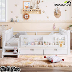 Bellemave® Kids Floor Bed with Storage Bookcases & Drawers, Solid Wood Montessori Floor Bed with Guardrails and Cute Stairs, No Box Spring Needed - Bellemave
