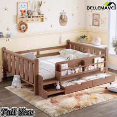 Bellemave® Kids Floor Bed with Storage Bookcases & Drawers, Solid Wood Montessori Floor Bed with Guardrails and Cute Stairs, No Box Spring Needed - Bellemave