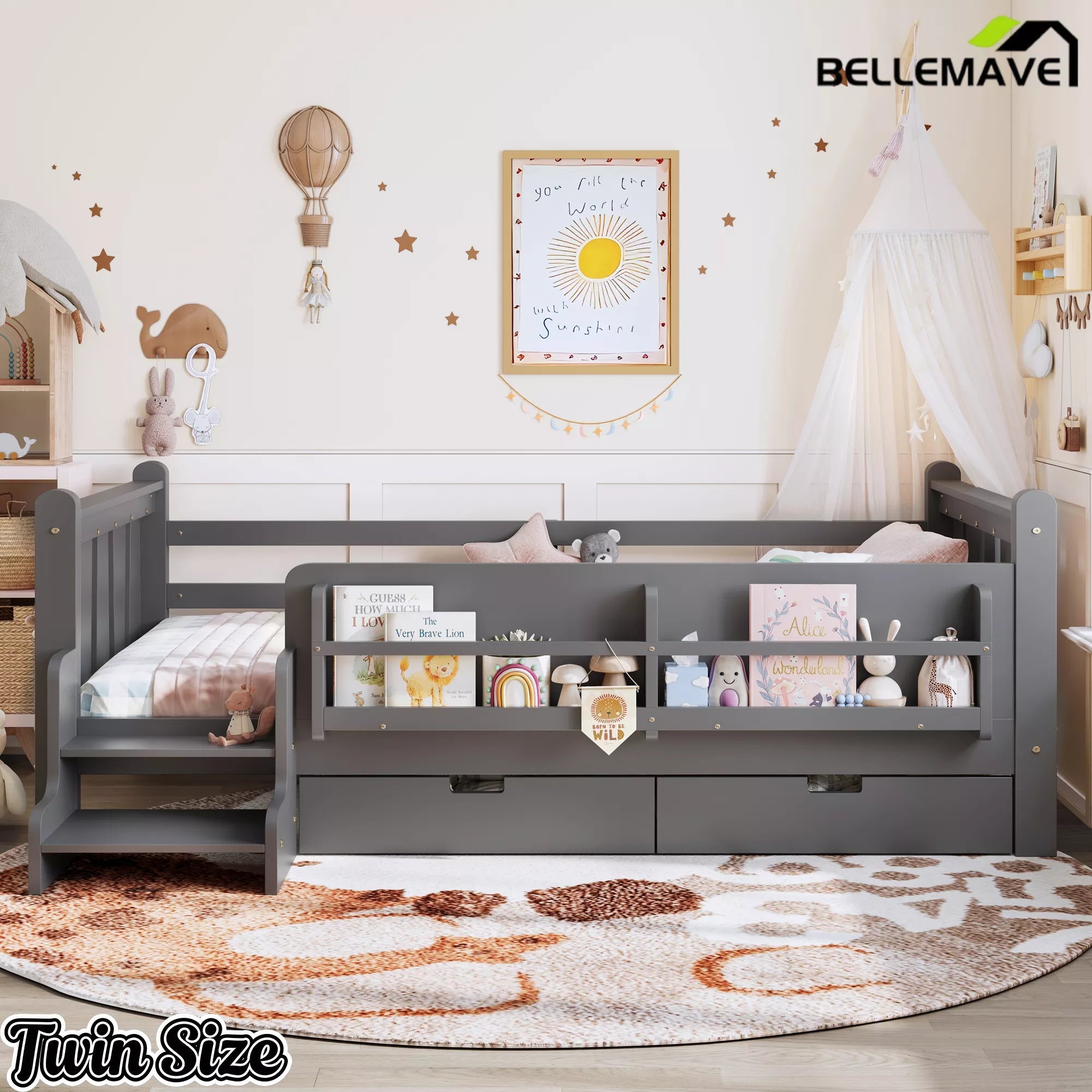 Bellemave® Kids Floor Bed with Storage Bookcases & Drawers, Solid Wood Montessori Floor Bed with Guardrails and Cute Stairs, No Box Spring Needed - Bellemave