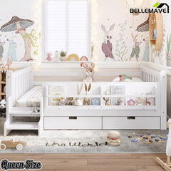 Bellemave® Kids Floor Bed with Storage Bookcases & Drawers, Solid Wood Montessori Floor Bed with Guardrails and Cute Stairs, No Box Spring Needed - Bellemave