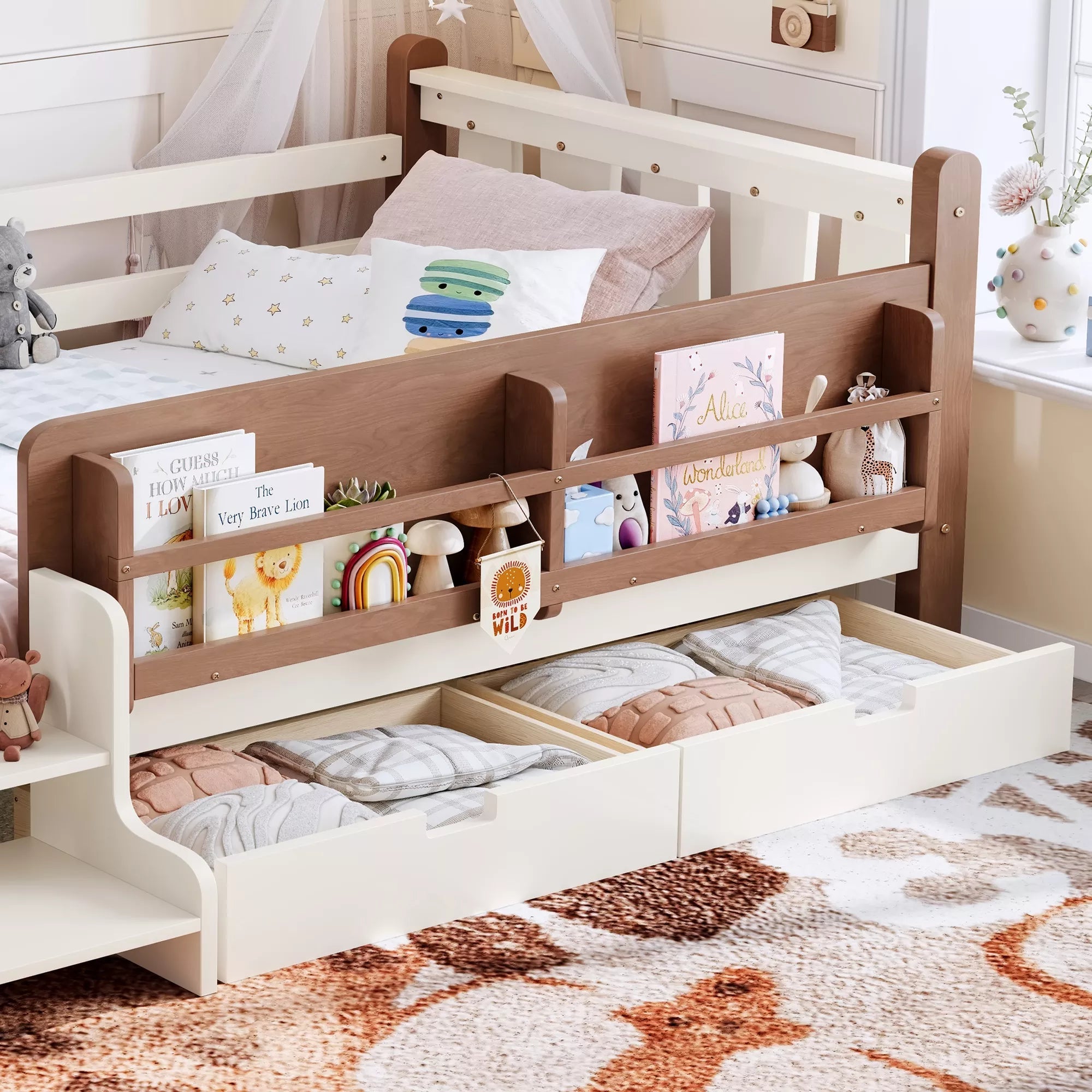 Bellemave® Kids Floor Bed with Storage Bookcases & Drawers, Solid Wood Montessori Floor Bed with Guardrails and Cute Stairs, No Box Spring Needed - Bellemave